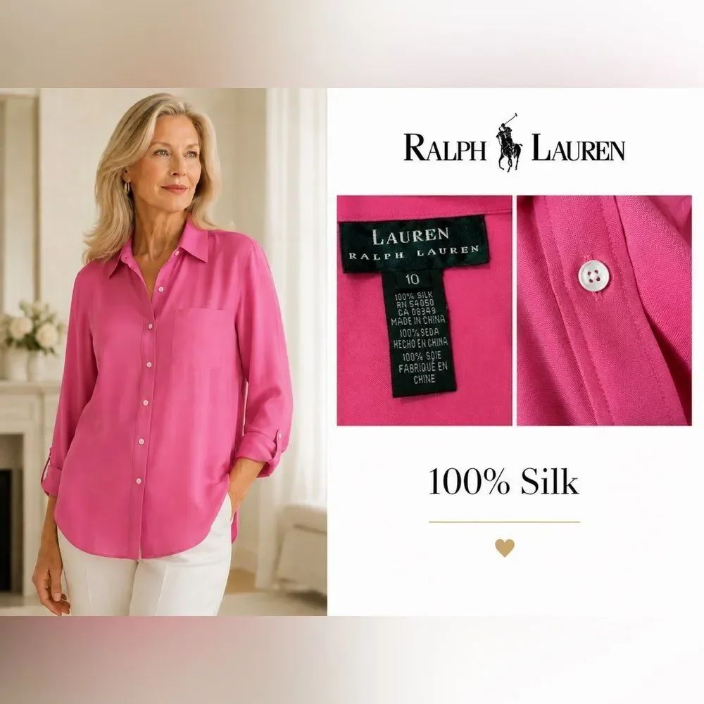 💯 Silk Ralph Lauren*Hot Pink* Sz 10 Button Blouse